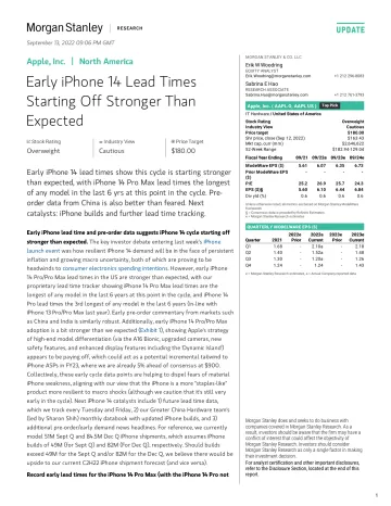 AAPL.OQ-Morgan Stanley-Apple, Inc. Early iPhone 14 Lead Times Starting Off Stronge.