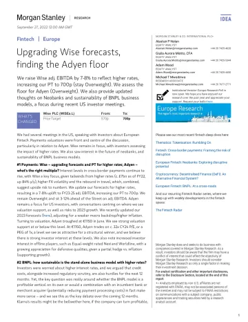 WISEa.L-Morgan Stanley-Fintech Upgrading Wise forecasts, finding the Adyen floor