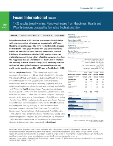 Fosun International (0656.HK)_ 1H22 results broadly inline_ Narrowed losses from Happiness. Health and Wealth divisions dragg...