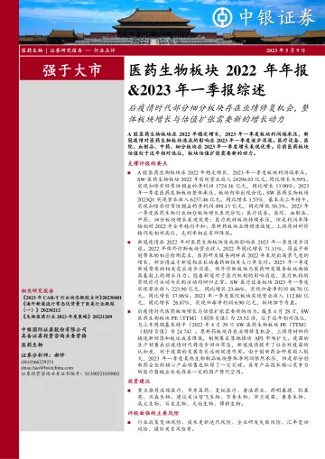 中银证券-医药生物板块2022年年报&2023年一季报综述:后疫情时代部分细分板块存在业绩修复机会,整体板块增长与估值扩张需要新的增长动力-230509