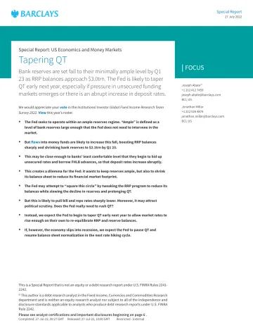 Barclays-Special Report US Economics and Money Markets - Tapering QT