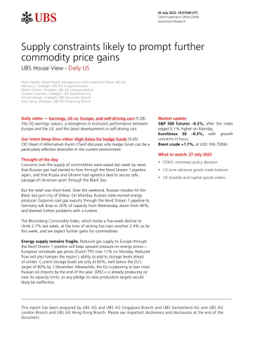 UBS-Supply constraints likely to prompt further commodity price gains