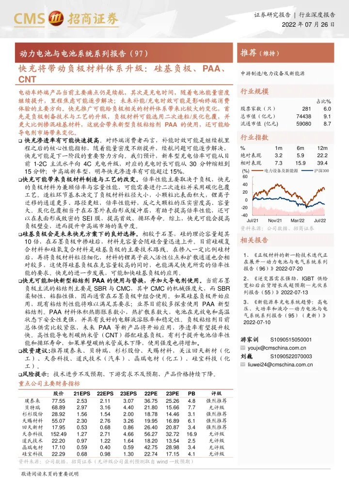 电力设备及新能源行业动力电池与电池系统系列报告（97）：快充将带动负极材料体系升级，硅基负极、PAA、CNT-20220726-招商证券-18页