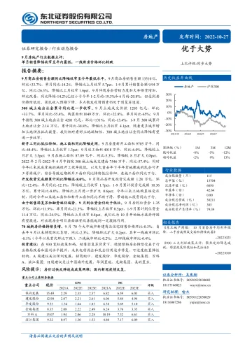 9月房地产行业数据点评:单月销售降幅收窄至年内最低,一线新房价格环比转跌-20221027-东北证券-15页