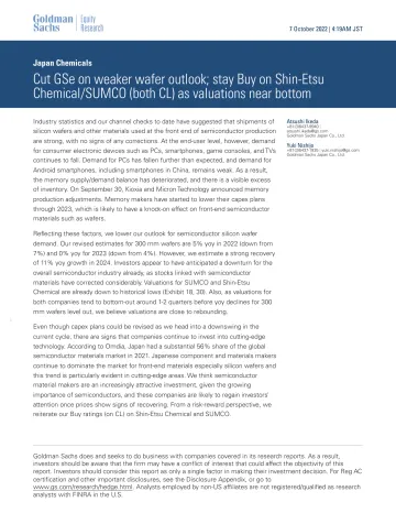 Japan Chemicals_ Cut GSe on weaker wafer outlook; stay Buy on Shin-Etsu Chemical_SUMCO (both CL) as valuations near bottom(1)