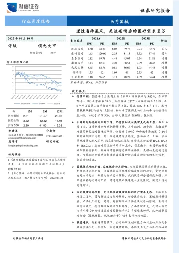 医疗器械行业月度报告:理性看待集采,关注疫情后的医疗需求复苏-20220610-财信证券-18页