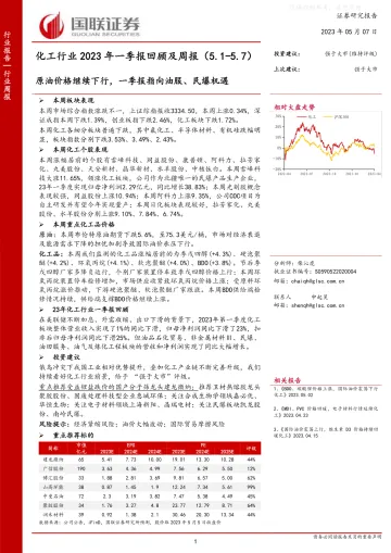 国联证券-化工行业2023年一季报回顾及周报:原油价格继续下行,一季报指向油服、民爆机遇-230507