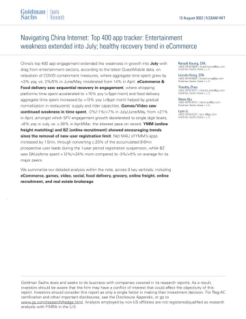 Navigating China Internet_ Top 400 app tracker_ Entertainment weakness extended into July; healthy recovery trend in eCommerce(1)