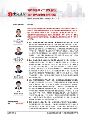 中信证券-新材料行业贵金属催化剂专题:精细及基础化工双轮驱动,国产替代打造加速强引擎-230626