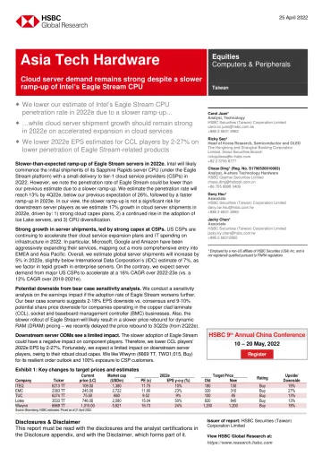 HSBC-亚太地区科技硬件行业-尽管英特尔Eagle Stream CPU的升级速度较慢，但云服务器需求依然强劲-2022.4.25-35页