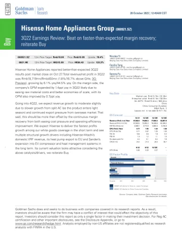 Hisense Home Appliances Group (000921.SZ)_ 3Q22 Earnings Review_ Beat on faster-than-expected margin recovery; reiterate Buy(1)