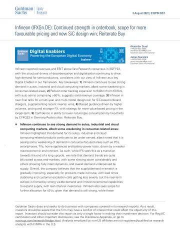 Infineon (IFXGn.DE)_ Continued strength in orderbook, scope for more favourable pricing and new SiC design win; Reiterate Buy(1)