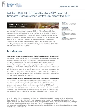 Will Semi (603501.SS)_ GS China A-Share Forum 2022 - Mgmt. call_ Smartphone CIS remains weak in near-term, mild recovery from...(1)