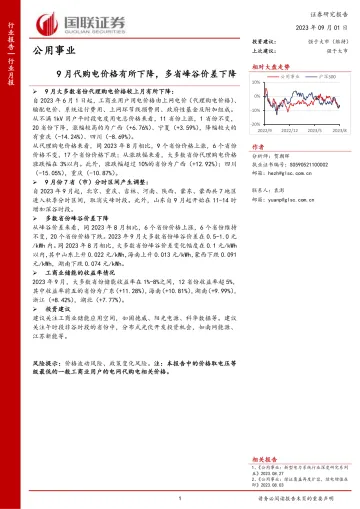 公用事业行业:9月代购电价格有所下降,多省峰谷价差下降-20230901-国联证券-43页