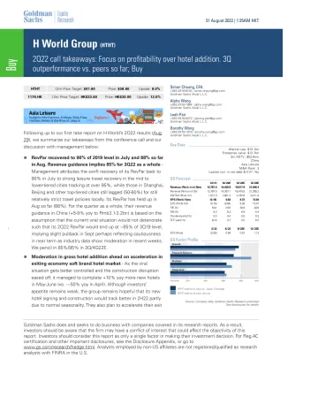 H World Group (HTHT)_ 2Q22 call takeaways_ Focus on profitability over hotel addition. 3Q outperformance vs. peers so far; Buy(1)