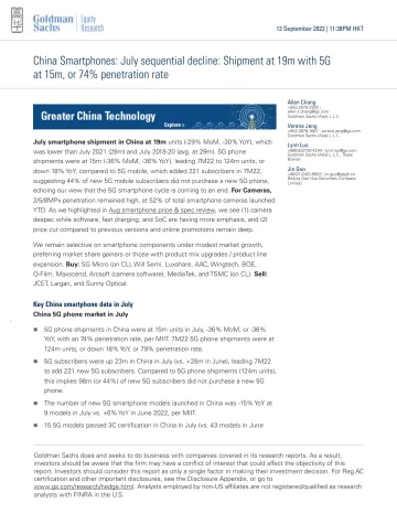 China Smartphones_ July sequential decline_ Shipment at 19m with 5G at 15m, or 74% penetration rate(1)