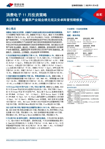 消费电子行业11月投资策略:关注苹果、折叠屏产业链业绩兑现及安卓阵营预期修复-20221114-国信证券-22页
