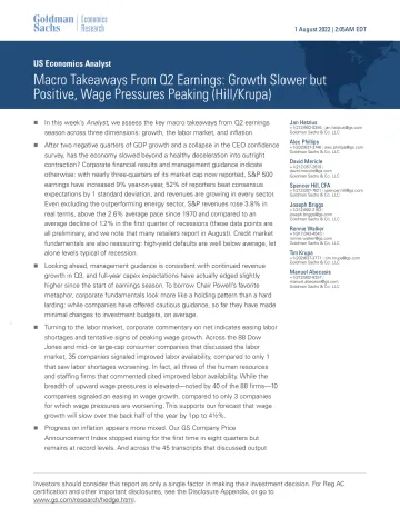 US Economics Analyst_ Macro Takeaways From Q2 Earnings_ Growth Slower but Positive, Wage Pressures Peaking (Hill_Krupa)(1)