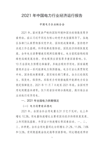 2021 年中国电力行业经济运行报告-15页