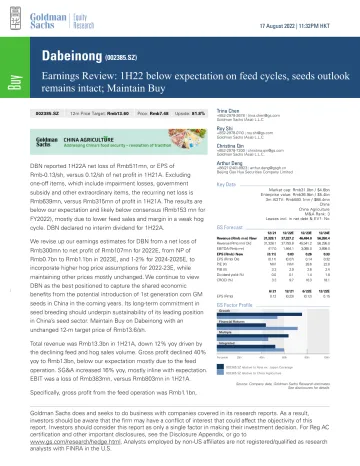 Dabeinong (002385.SZ)_ Earnings Review_ 1H22 below expectation on feed cycles, seeds outlook remains intact; Maintain Buy(1)