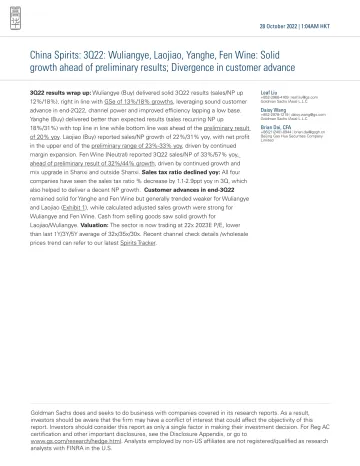China Spirits_ 3Q22_ Wuliangye, Laojiao, Yanghe, Fen Wine_ Solid growth ahead of preliminary results; Divergence in customer ...