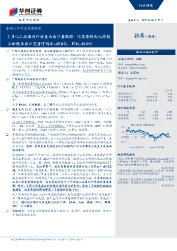 基础化工行业定期报告:7月化工品海内外价差与出口量跟踪,化学原料及化学制品制造业出口交货值同比+45.8%,环比下降10.0%-20220825-华创证券-75页