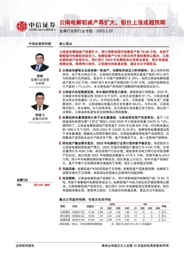 中信证券-金属行业铝行业专题:云南电解铝减产再扩大,铝价上涨或超预期-230222