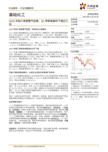 基础化工行业:2022年前三季度景气回落,Q3单季度盈利下滑近三成-20221110-天风证券-23页