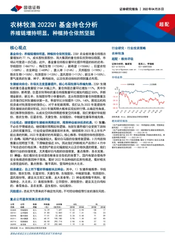 农林牧渔行业2022Q1基金持仓分析:养殖链增持明显,种植持仓依然坚挺-20220425-国信证券-27页