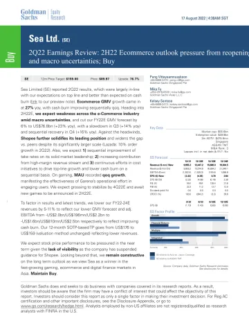 Sea Ltd. (SE)_ 2Q22 Earnings Review_ 2H22 Ecommerce outlook pressure from reopening and macro uncertainties; Buy(1)