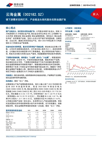 国信证券-云海金属(002182)镁下游需求空间打开,产业链龙头依托股东优势加速扩张-230418