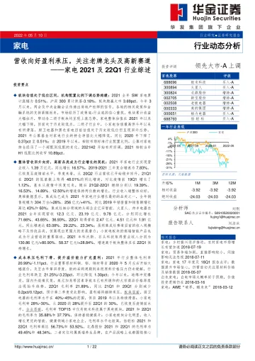 家电行业2021及22Q1行业综述:营收向好盈利承压,关注老牌龙头及高新赛道-20220510-华金证券-22页