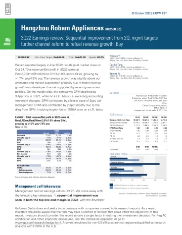 Hangzhou Robam Appliances (002508.SZ)_ 3Q22 Earnings review_ Sequential improvement from 2Q, mgmt targets further channel ref...