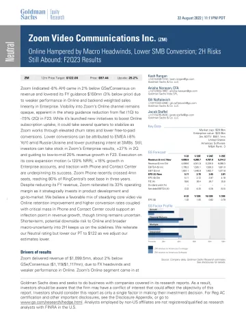 Zoom Video Communications Inc. (ZM)_ Online Hampered by Macro Headwinds, Lower SMB Conversion; 2H Risks Still Abound_ F2Q23 R...(1)