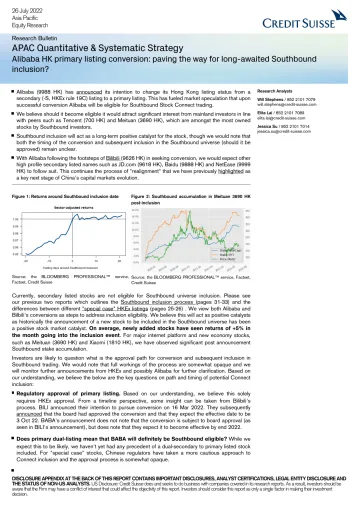 CS-APAC Quantitative & Systematic Strategy_Alibaba HK primary listing conversion paving the way for long-awaited Southbound inclusion