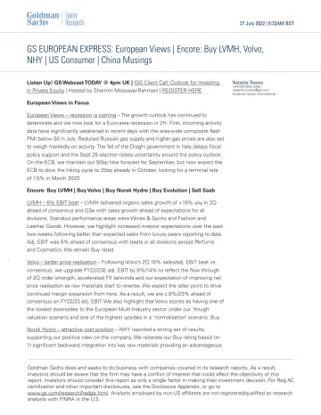 GS EUROPEAN EXPRESS_ European Views _ Encore_ Buy LVMH, Volvo, NHY _ US Consumer _ China Musings(1)