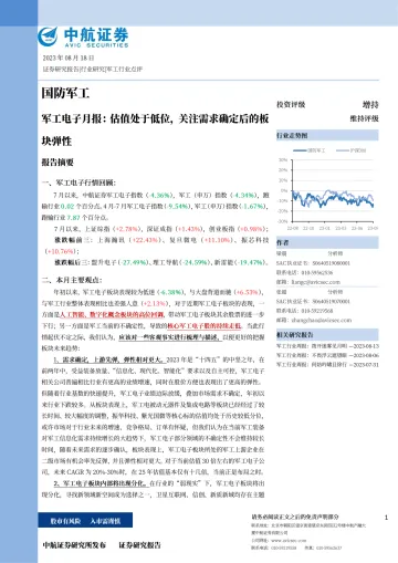 军工行业电子月报：估值处于低位，关注需求确定后的板块弹性-20230818-中航证券-28页