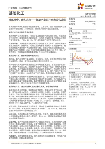 基础化工行业专题研究:氢能产业已开启商业化进程,清氢社会,碳和未来-20220729-天风证券-48页