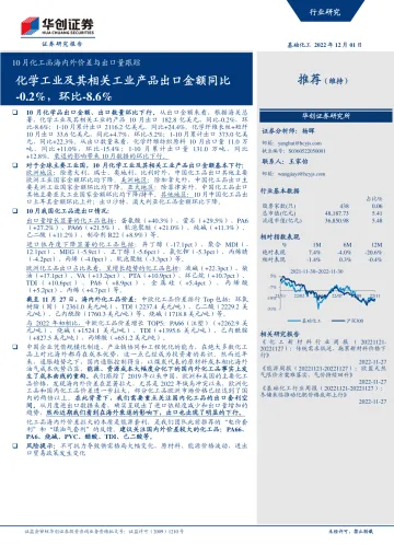 基础化工行业10月化工品海内外价差与出口量跟踪:化学工业及其相关工业产品出口金额同比下降0.2%,环比下降8.6%-20221201-华创证券-95页