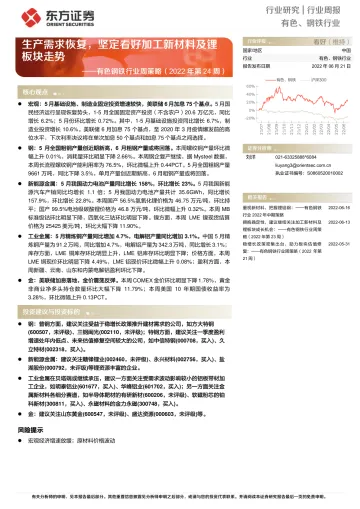 有色钢铁行业周策略(2022年第24周):生产需求恢复,坚定看好加工新材料及锂板块走势-20220621-东方证券-37页