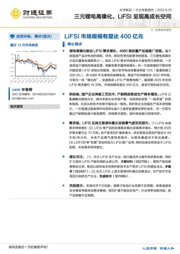 化学制品行业专题报告：三元锂电高镍化，LiFSI呈现高成长空间，LiFSI市场规模有望达400亿-20220823-财通证券-24页