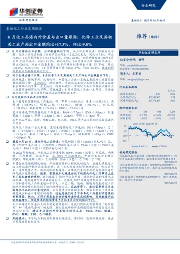 基础化工行业定期报告:8月化工品海内外价差与出口量跟踪,化学工业及其相关工业产品出口金额同比+17.3%,环比下降9.8%-20221006-华创证券-89页