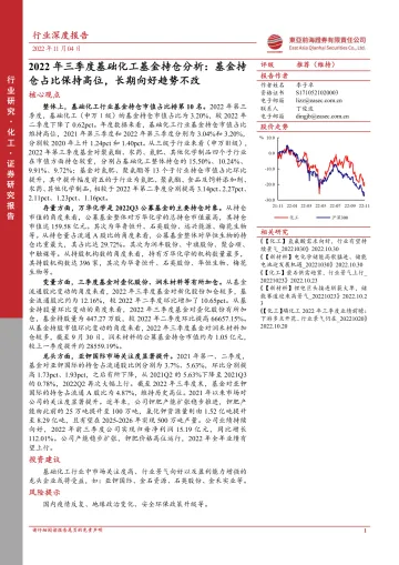 化工行业2022年三季度基础化工基金持仓分析:基金持仓占比保持高位,长期向好趋势不改-20221104-东亚前海证券-20页