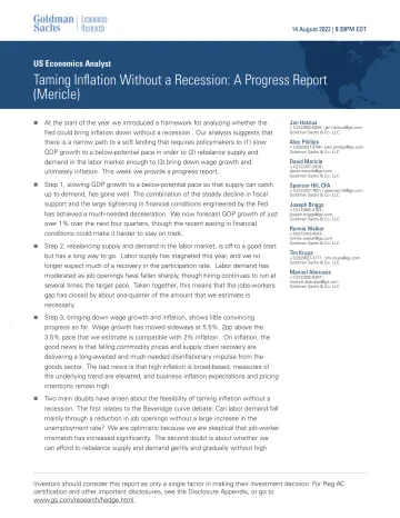 US Economics Analyst_ Taming Inflation Without a Recession_ A Progress Report (Mericle)(1)