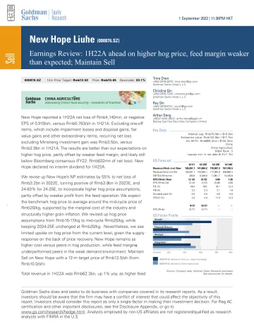 New Hope Liuhe (000876.SZ)_ Earnings Review_ 1H22A ahead on higher hog price, feed margin weaker than expected; Maintain Sell(1)
