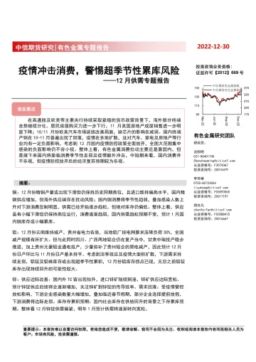 有色金属专题报告:12月供需专题报告,疫情冲击消费,警惕超季节性累库风险-20221230-中信期货-50页