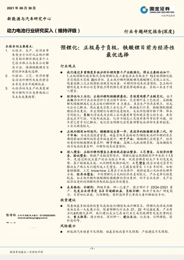 动力电池行业专题研究报告(深度):预锂化,正极易于负极,铁酸锂目前为经济性最优选择-20220630-国金证券-29页