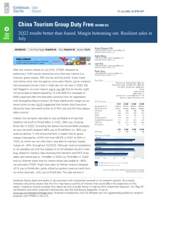 China Tourism Group Duty Free (601888.SS)_ 2Q22 results better than feared. Margin bottoming out. Resilient sales in July(1)
