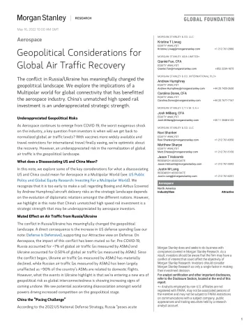 摩根士丹利-全球航空业-全球空中交通复苏的地缘政治考量-2022.5.16-40页