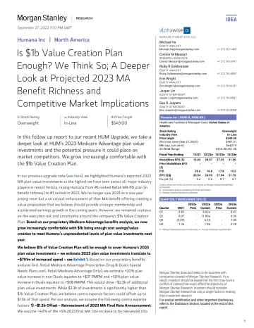 HUM.N-Morgan Stanley-Humana Inc Is $1b Value Creation Plan Enough We Think So;